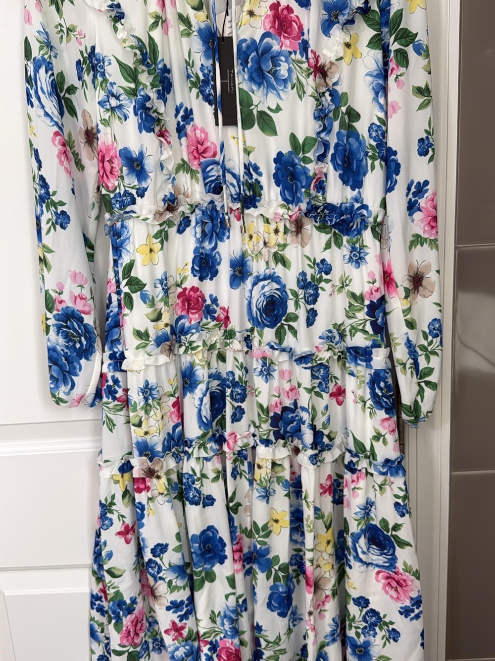 Tahari White Floral Midi Dress with Blue, Pink & Yellow Blooms